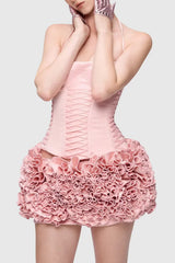 Cindia Floral Lace Up Corset Two Piece Set - Pink