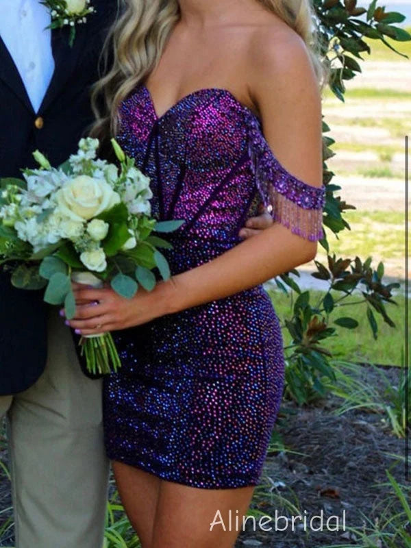 Sparkly Purple Beading Off the Shoulder Tight Short Homeocming Dress with Tassels, HC382287