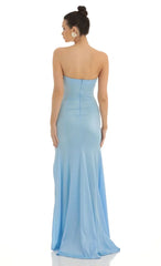 Strapless Satin Maxi Dress In Blue