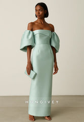 Off the Shoulder Satin Half Sleeves Column Ankle-Length Evening Gown