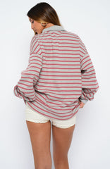Out Again Long Sleeve Rugby Shirt Dark Grey Marle/Burgundy Stripe