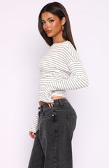 Another Time Cinched Waist Long Sleeve Top White Stripe