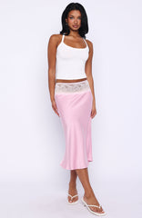 For A Long Time Lace Trim Midi Skirt Pink